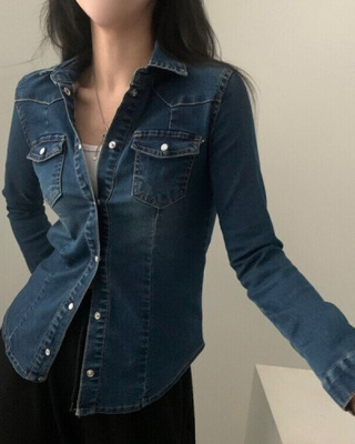 데님라인 슬림 워싱 똑딱이 데님 청자켓셔츠남방 3color