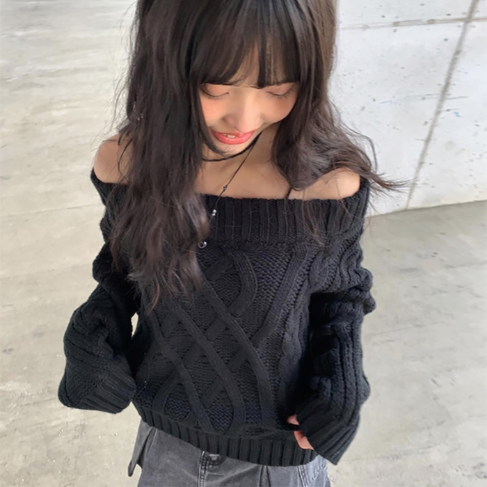 キュートオフショルダーニット - [10代・20代女性ファッション,韓国