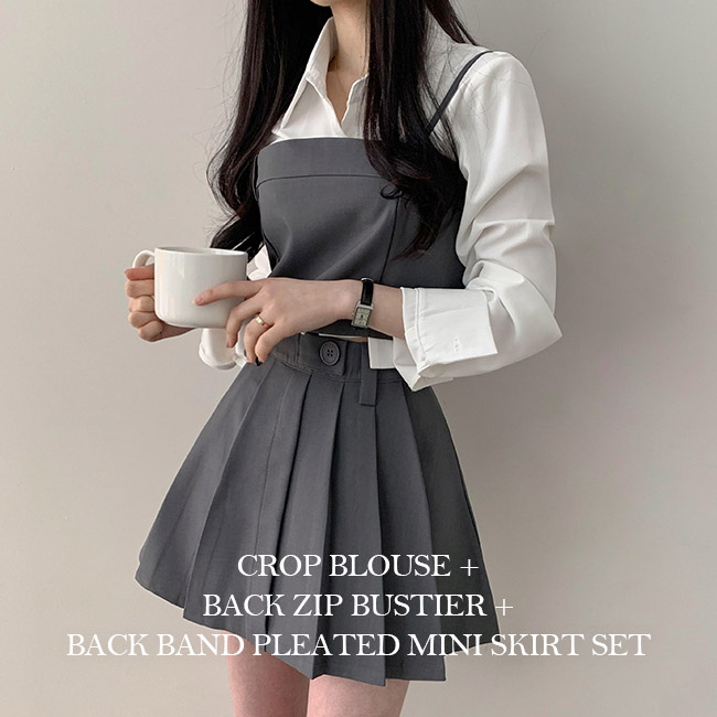 SET】クロップブラウス＋ビスチェ＋プリーツミニスカート