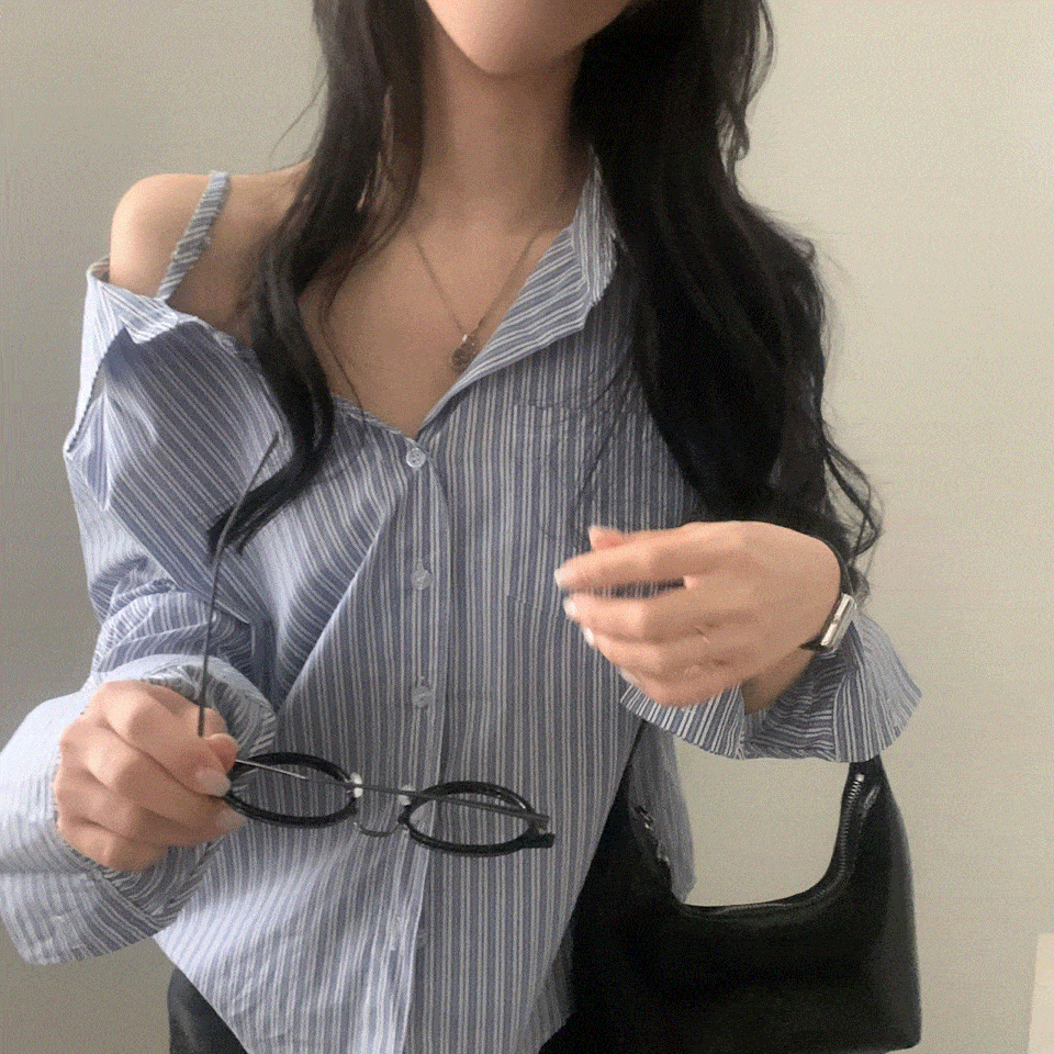 フェミニンオフショルストライプシャツ｜シャツ｜韓国ファッション通販