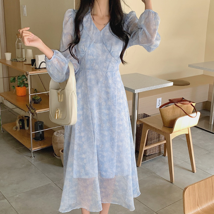 エリアルVネックシフォンロングワンピース｜ロングワンピース