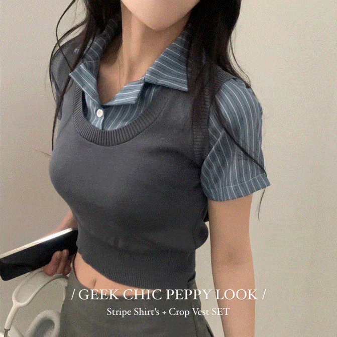 [SET] 條紋短袖T恤針織衫馬甲