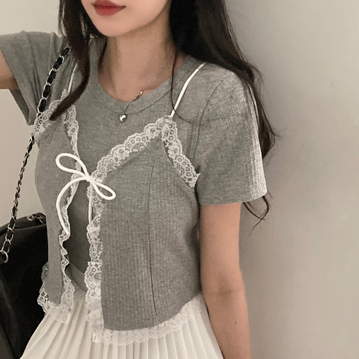 [SET] 蕾絲蝴蝶結吊帶條紋短袖T恤