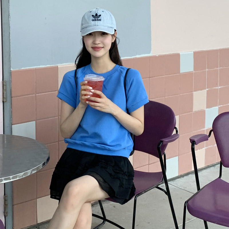 (顏色美食店/到夏天爲止♥) 海藍色 拉格倫 棉 短袖 套頭衫