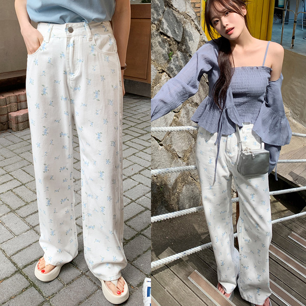 新品 花柄 パンツ 水色 スウェット 乗り込める