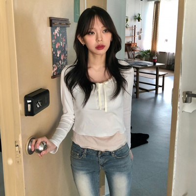 フェイクレイヤードシャーリングリボン長袖Ｔシャツ