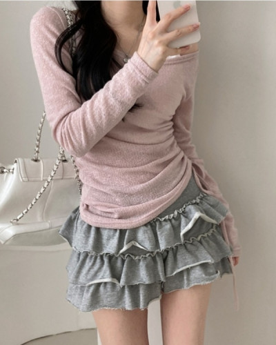 비뉴즈 린넨 오프숄더 옆셔링 리본 입술넥 언발 긴팔 티셔츠