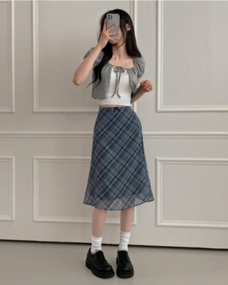 하이틴긱시크 무드동시에 리본 체크 쉬폰 머메이드 미디 스커트