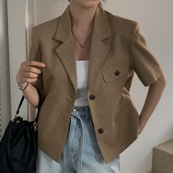 ポケットオープンカラー半袖ジャケット - [10代・20代女性ファッション 