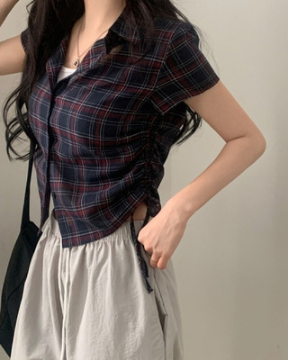 로빈 빈티지 스트링 체크 반팔 셔링남방셔츠 2color