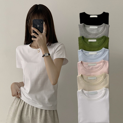 리아니 여름 라운드 면 데일리 무지 세미 크롭 반팔 티셔츠 7color