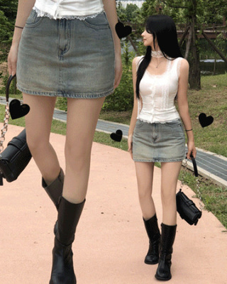 ユニークウォッシングデニムミニスカート
