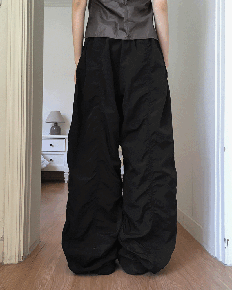 シャーリングロングワイドナイロンパンツ｜ワイド｜韓国ファッション
