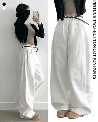 베러 사이드 핀턱 밑단 스냅 비조버튼 코튼 와이드핏 롱팬츠