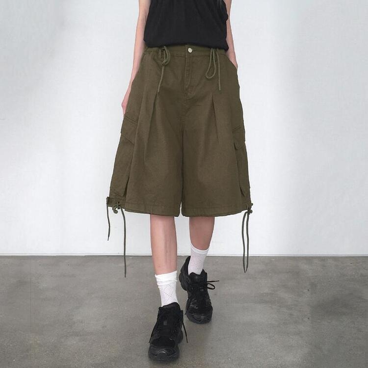 『Cider』ベルト付きミッドライズプリーツバミューダショーツ ツーピンタックストリングカーゴ5分丈バミューダパンツ