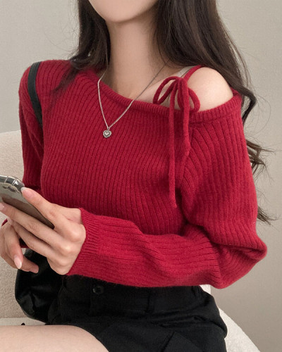 럽디데이 리본 어깨트임 원숄더 오프숄더 골지 니트