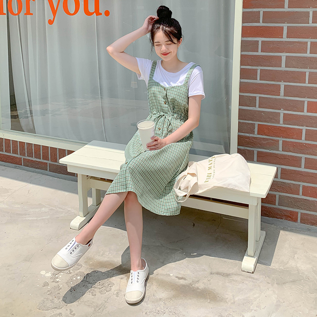 Sona Set チェックボタンワンピース 半袖tシャツセット 10代 代女性ファッション韓国通販