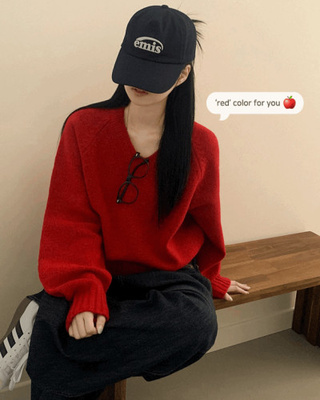 도톰 브이넥 아방핏 니트