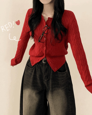 꽈배기 라운드 케이블 기본 세미크롭 긴팔 겨울가디건