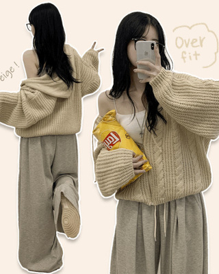 도톰 따뜻 아방핏 꽈배기 케이블 오버핏 니트 벌룬 후드집업 겨울가디건