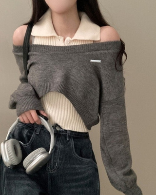 도아 패치 카라 크롭 니트 투피스 세트