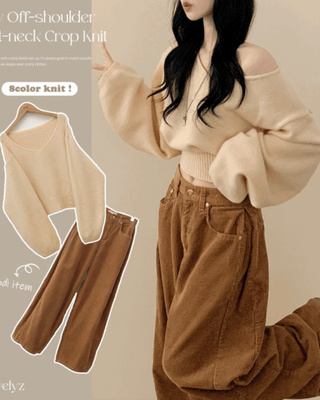 아방핏 트임버튼 원 오프숄더 크롭 입술넥 벌룬니트 연말룩