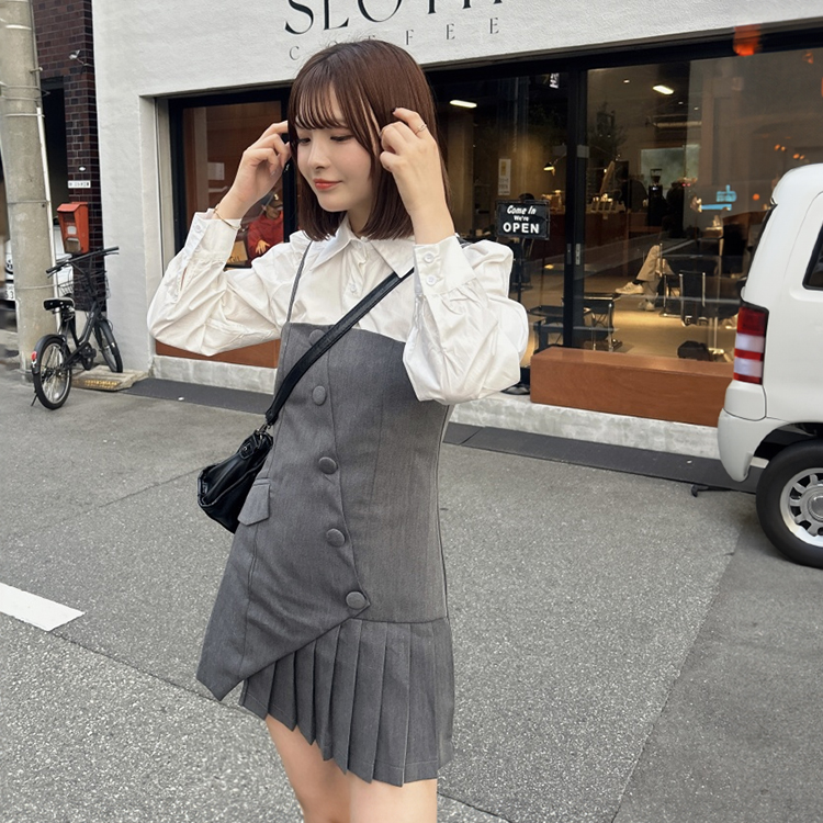 SOP26576 [SET]シャツ+アンバランスビスチェミニワンピース