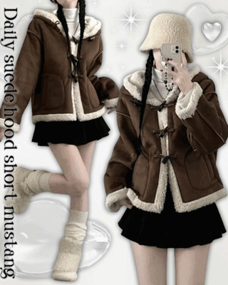 스웨이드떡볶이더플양털후드숏자켓무스탕