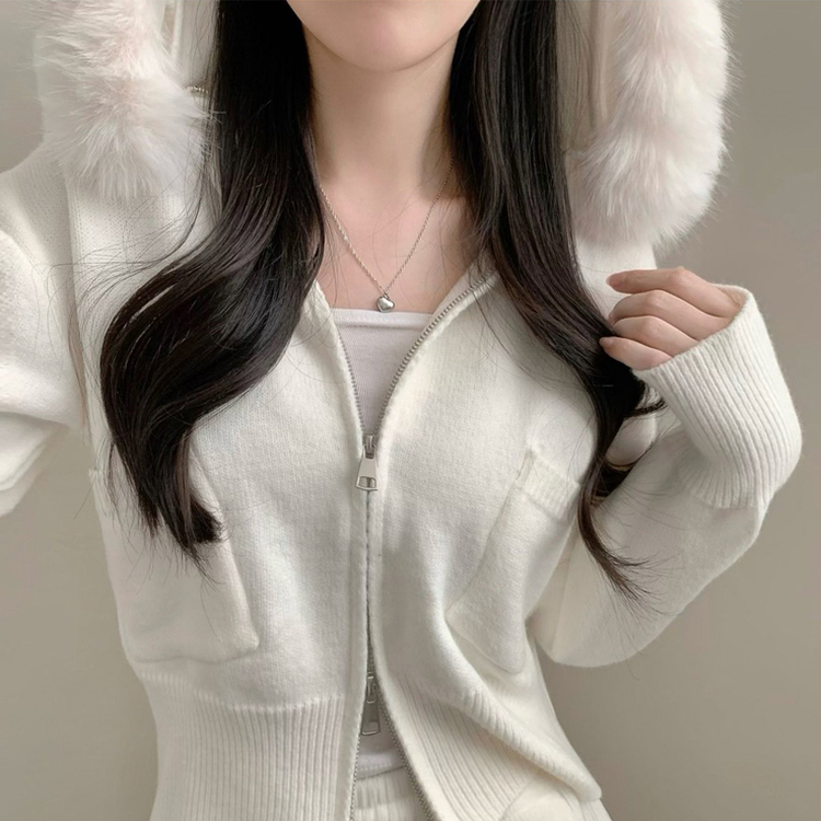 ポケットファーフードニットジップアップカーディガン｜ジャンパー