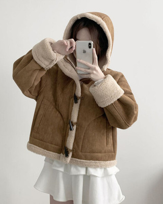 멜리 후드 양털 떡볶이 포근 스웨이드 무스탕 코트