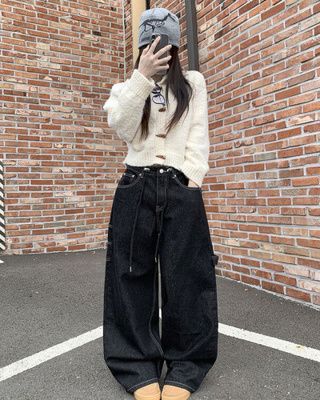 지안 허리 스트링 와이드핏 유니언잭 스티치 패치 롱 데님팬츠