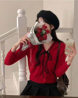 패리스 배색 끈 리본 가디건 니트