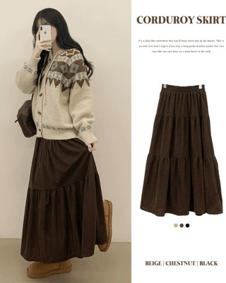 모리걸 아메카지 빈티지 골덴 밴딩 캉캉 롱스커트