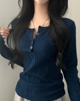 【起毛】リブボタンニットTシャツ