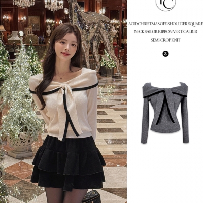 オフショルダーセーラーリボンセミクロップニット｜ニット｜韓国
