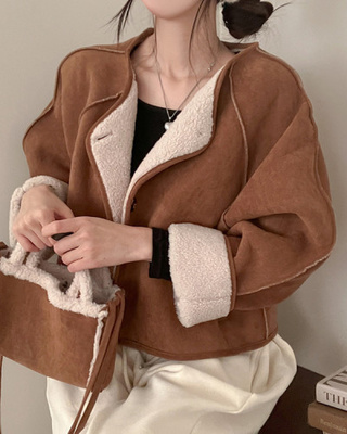 제티브라운 양털 안감 크로스백 세트 노카라 스웨이드 무스탕 자켓