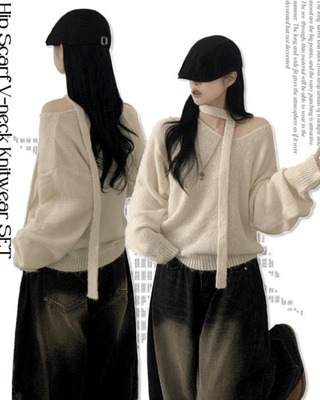 촉감좋은 타이 초커 앙고라 박시 아방핏 브이넥 긴팔니트