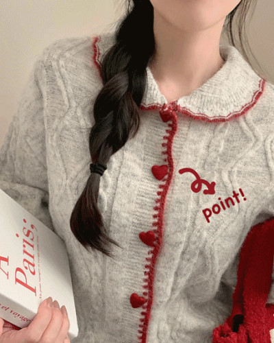 왕귀염 하트단추 빈티지 카라넥 레드 단추 귀요미 니트 가디건 겨울 연말 크리스마스