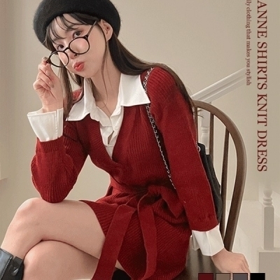 シャツレイヤードニットミニワンピース｜ミニワンピース｜韓国