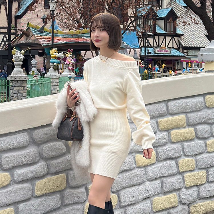 WABオフスリムニットミニOPS__新作 ワンピース ボートネック オフ