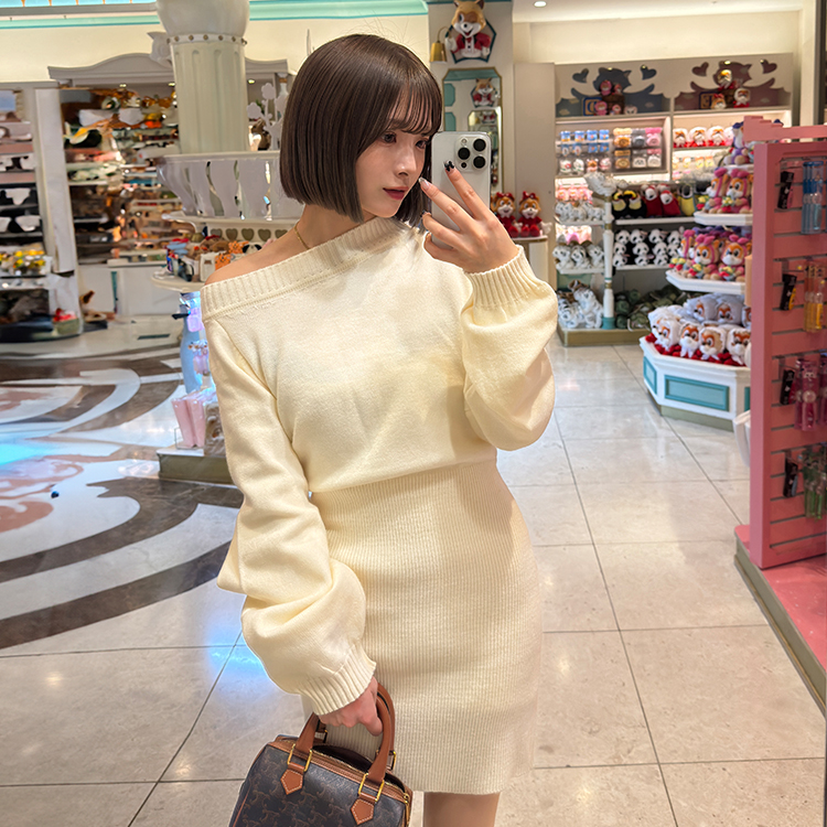 WABオフスリムニットミニOPS__新作 ワンピース ボートネック オフ