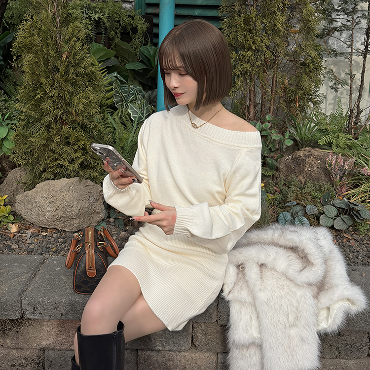 WABオフスリムニットミニOPS__新作 ワンピース ボートネック オフ