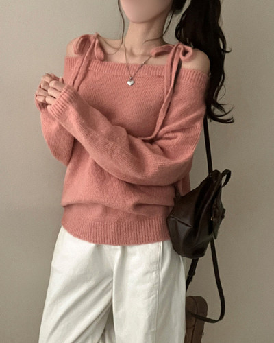 시아 리본 스트링 울 오프숄더 니트