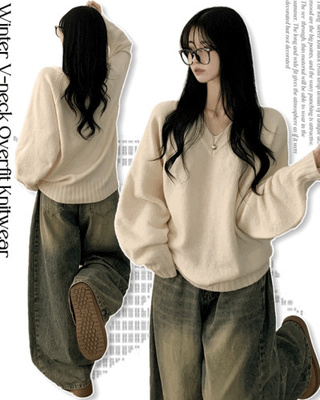 도톰 아방핏 브이넥 래글런 오버핏 긴팔니트 넉넉함보장