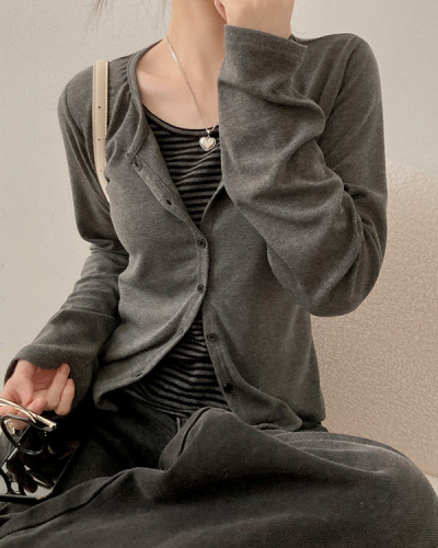 마렛 일체형 스트라이프 단가라 레이어드 굴림 긴팔 가디건 티셔츠