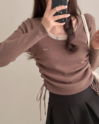 레지 셔링 레터링 자수 두겹 일체형 골지 니트