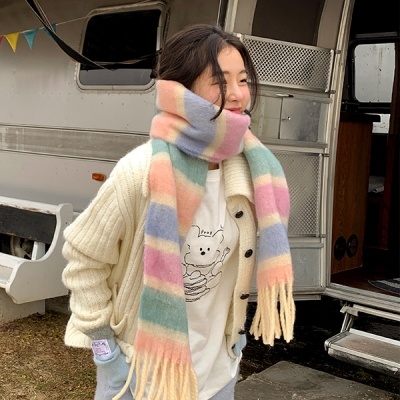 レインボーストライプフリンジマフラー