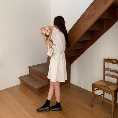 (ウエスト調節/華奢見え) クレフピンタックストリング長袖ミニワンピース