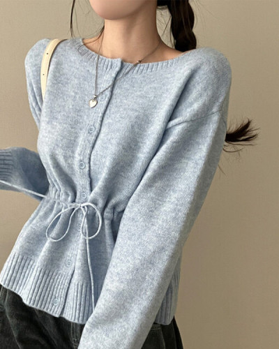 올타임 입술넥 허리끈 리본 니트 가디건