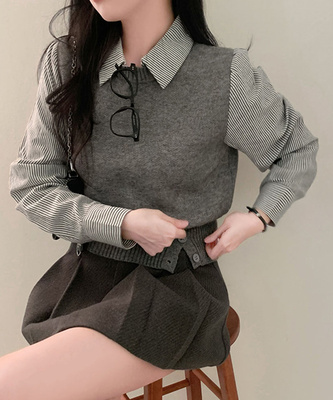 올인원 쓰리버튼 레이어드 일체형 스트라이프 셔츠니트조끼